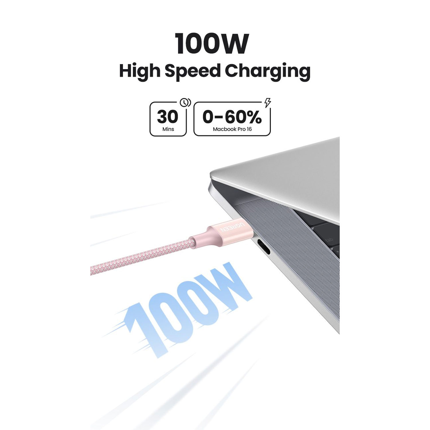 CABLE UGREEN USB-C A USB-C PD FAST CHARGING TRENZADO 1M 100W PINK L502 65251 - 2