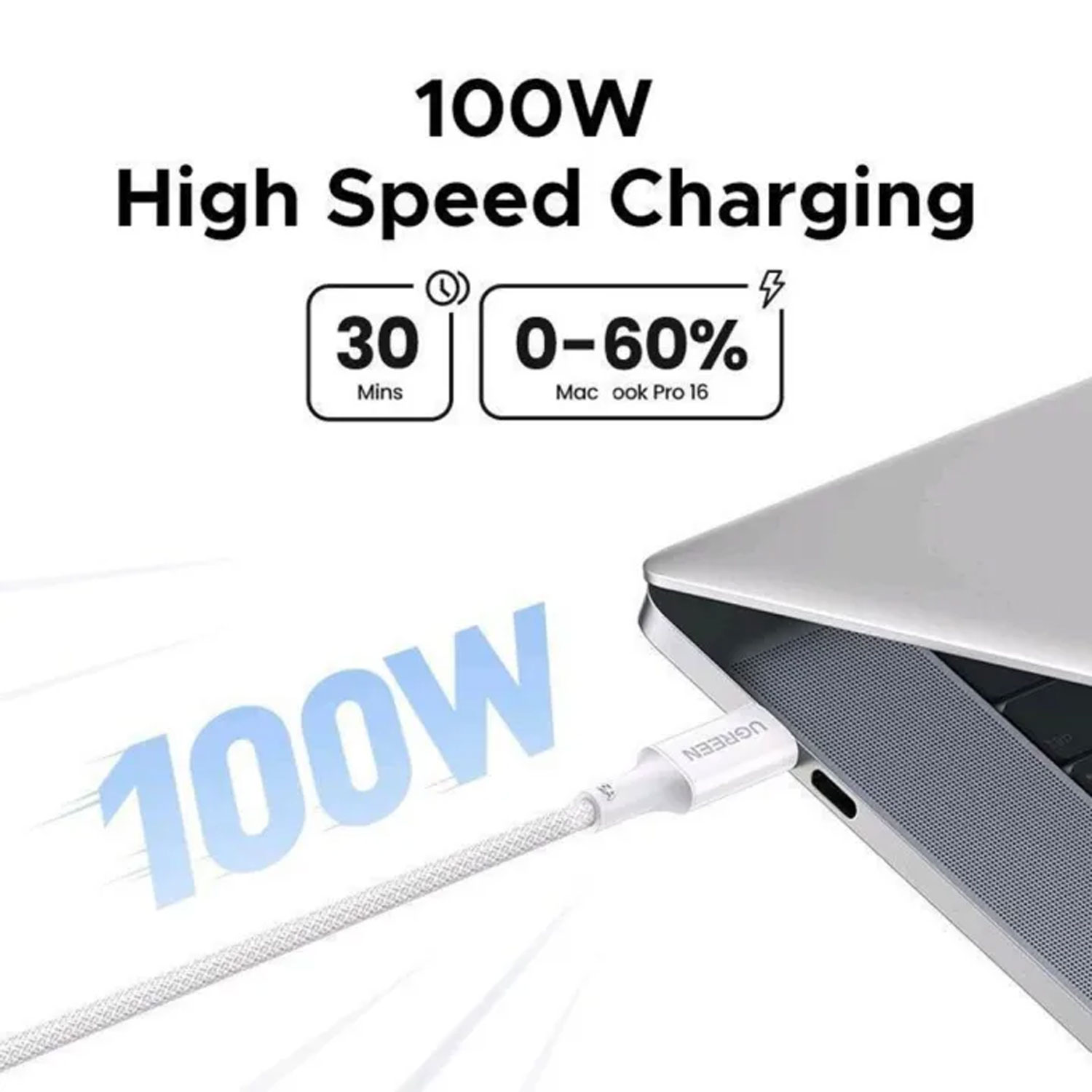 CABLE UGREEN USB-C A USB-C PD FAST CHARGING TRENZADO 1M 100W BLANCO L502 35220 - 3