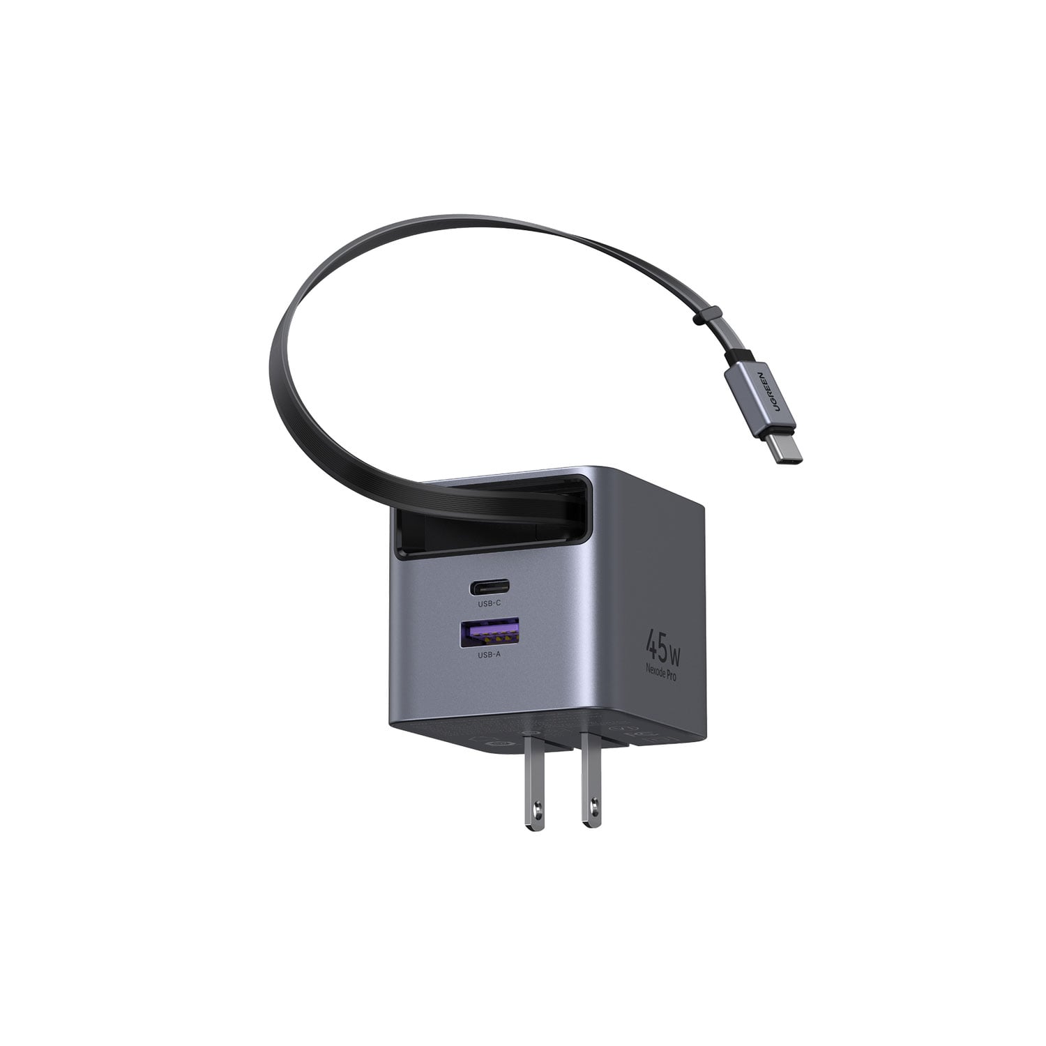 CARGADOR UGREEN 45W GAN CON CABLE RETRÁCTIL GRIS X614 65821 - 1