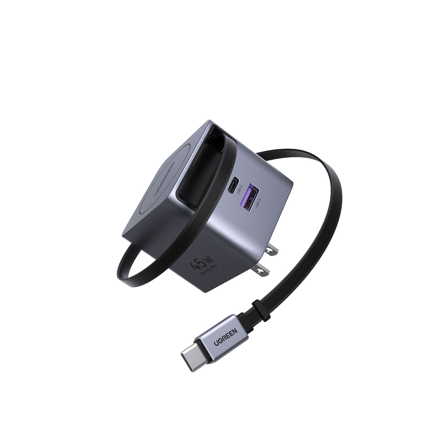 CARGADOR UGREEN 45W GAN CON CABLE RETRÁCTIL GRIS X614 65821 - 2