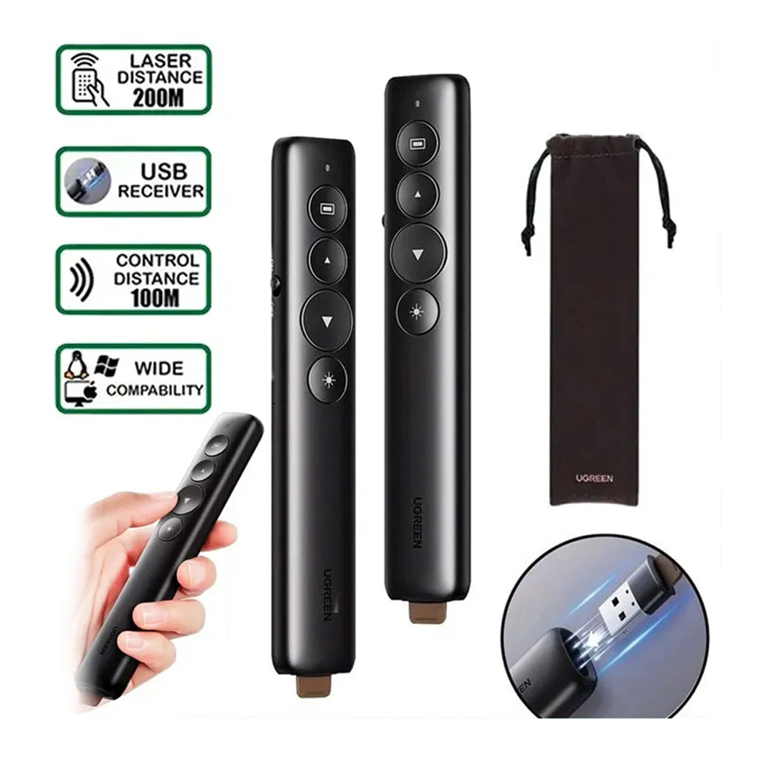 PUNTERO PRESENTADOR LASER UGREEN 2.4 GHZ R 200M CONTROL R 100M BLACK 50654 - 2