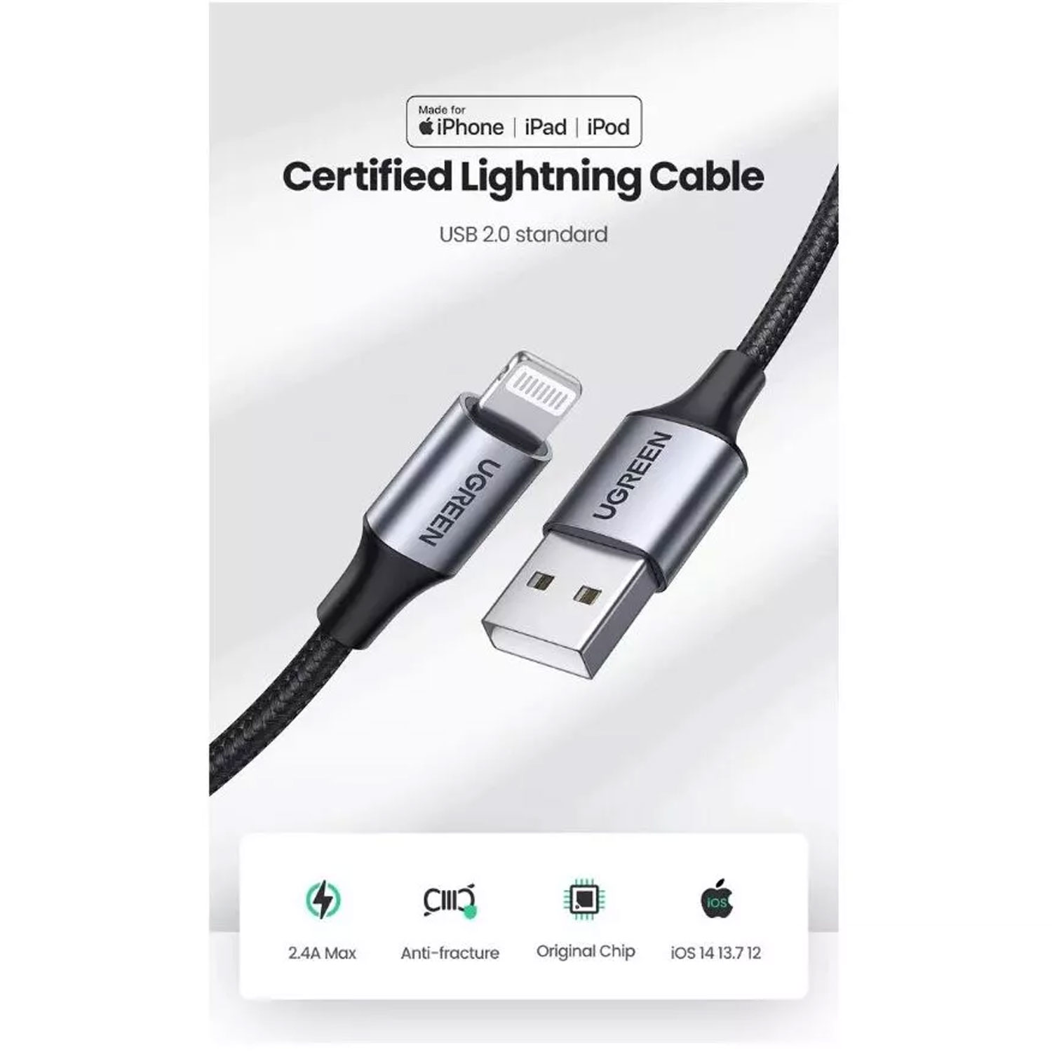 CABLE UGREEN LIGHTNING A USB-A TRENZADO 1M NEGRO 60156 - 3