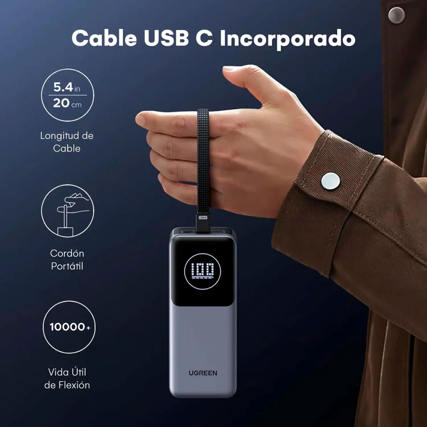 POWER BANK UGREEN 130W 20000 MAH CON CABLE INTEGRADO 55365B - 3