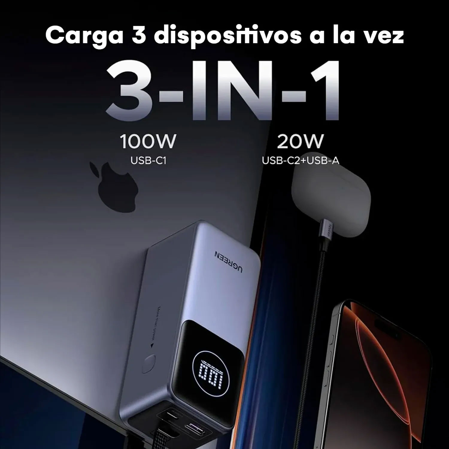POWER BANK UGREEN 130W 20000 MAH CON CABLE INTEGRADO 55365B - 4