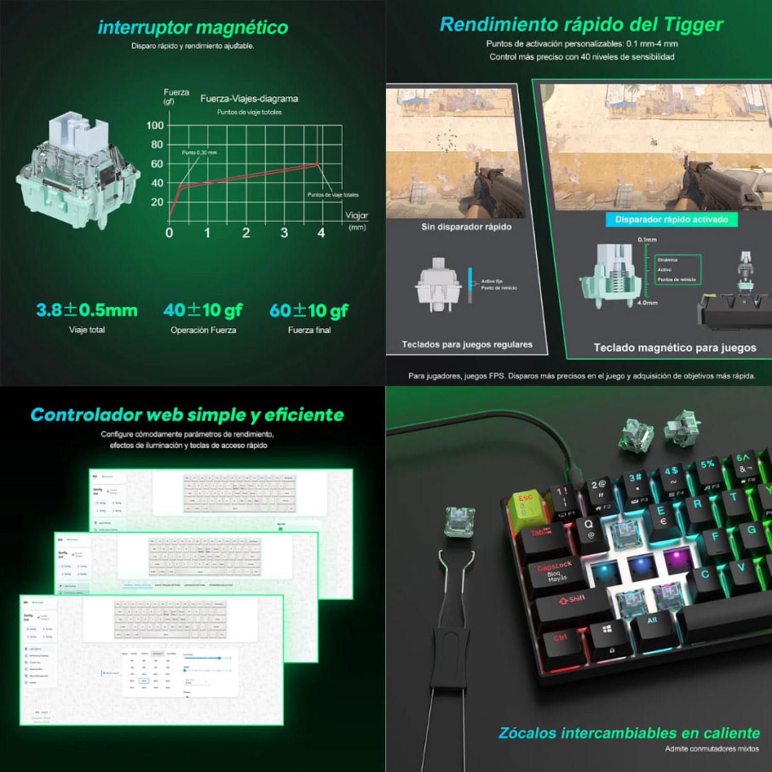 TECLADO GAMER ROYAL KLUDGE RK C61 CABLEADO ESPAÑOL BLACK GREEN MINT MAGNETIC SWITCH - 4