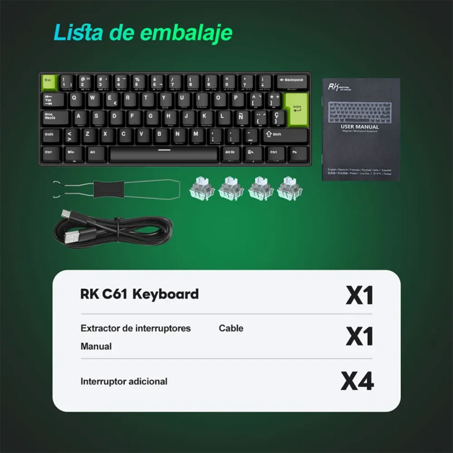 TECLADO GAMER ROYAL KLUDGE RK C61 CABLEADO ESPAÑOL BLACK GREEN MINT MAGNETIC SWITCH - 5