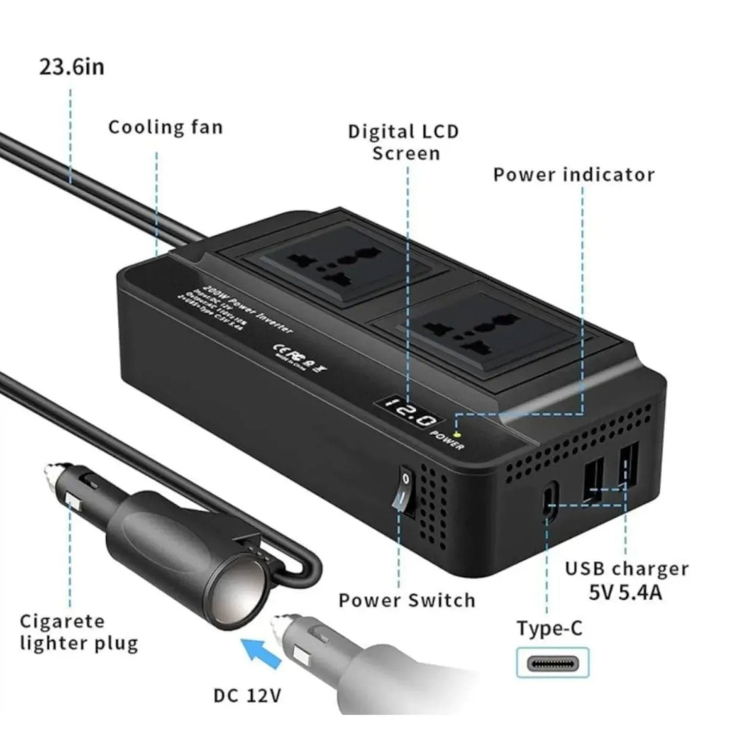 INVERSOR PARA AUTOMÓVIL XO-CZ011 200W SALIDAS TIPO C Y USB CZ011 - 4