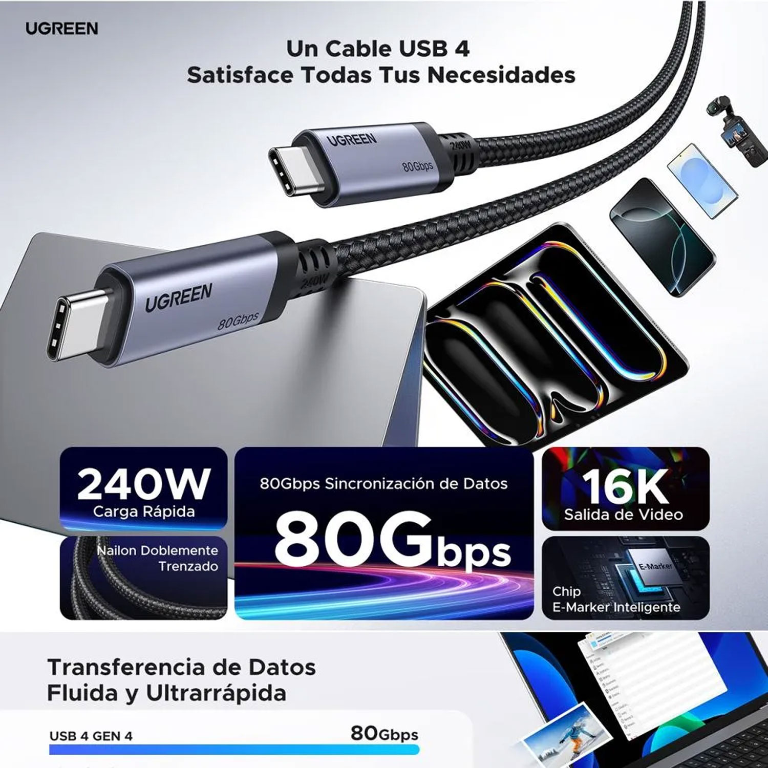 CABLE USB4 UGREEN USB-C 5A 1M CARGA RÁPIDA Y ALTA VELOCIDAD L706-65383 - 5
