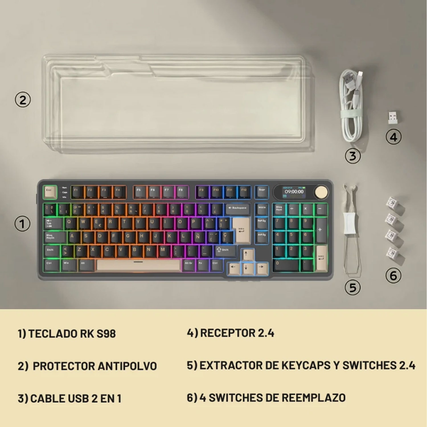 TECLADO GAMER ROYAL KLUDGE RK S98 INALÁMBRICO SP PHANTOM CHARTREUSE SWITCH - 5