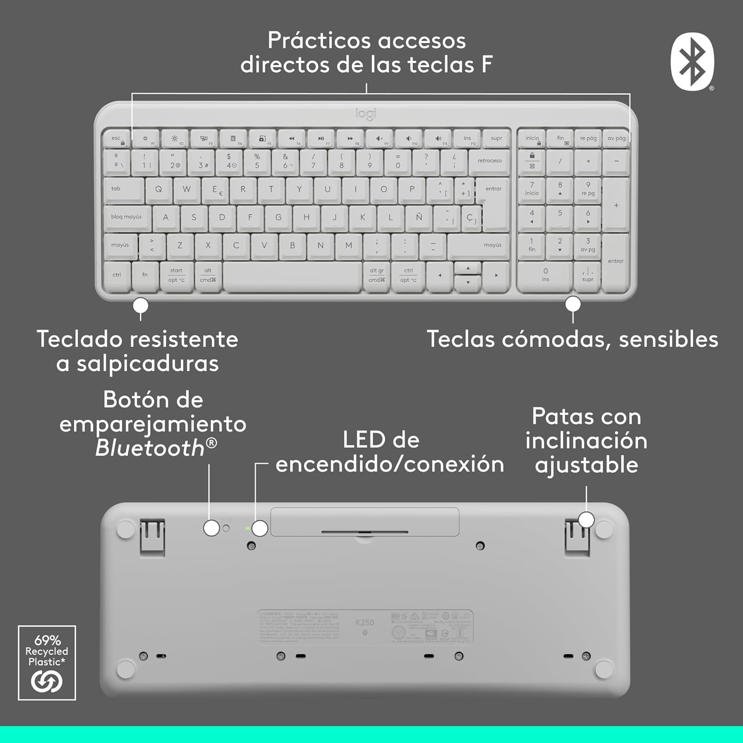 TECLADO LOGITECH K250 BLUETOOTH INALÁMBRICO ESPAÑOL BLANCO - 5