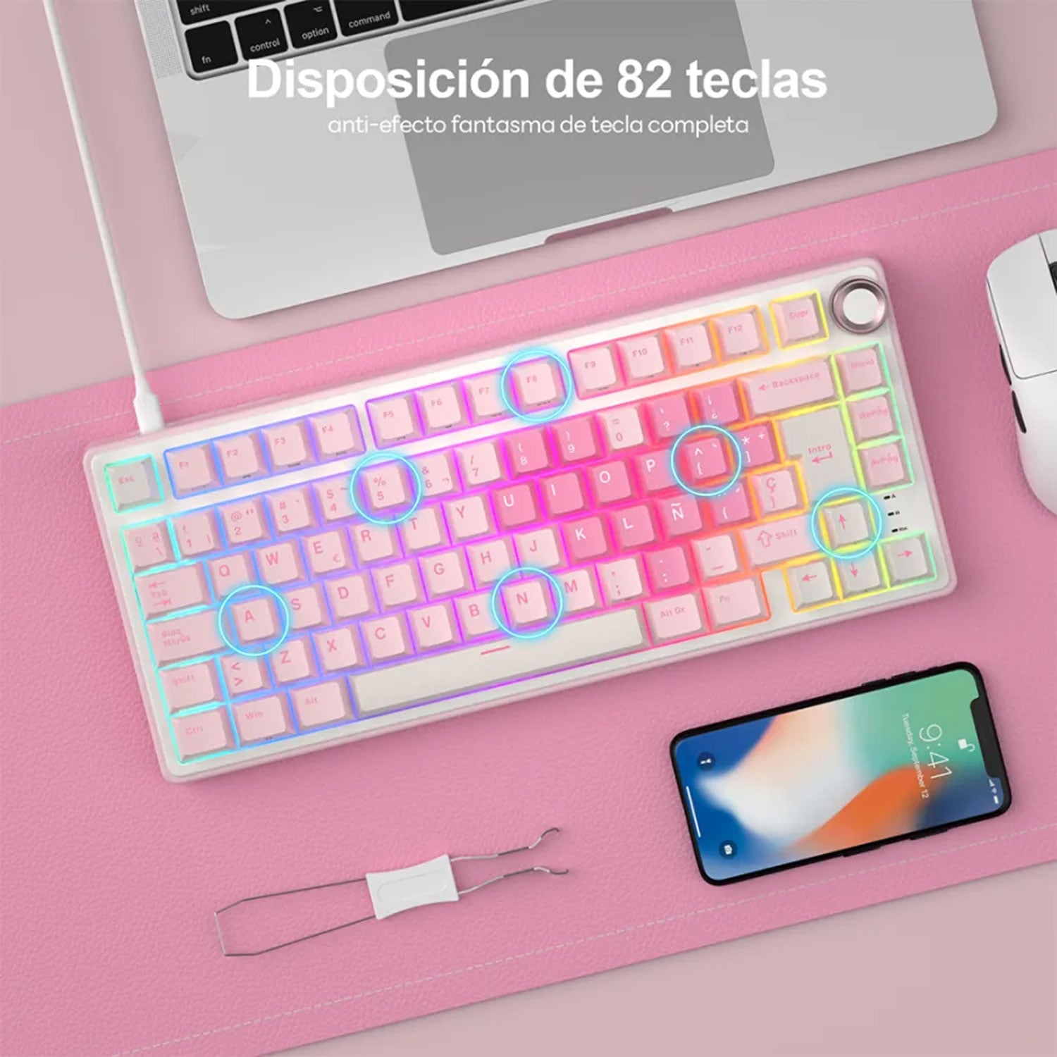 TECLADO GAMER ROYAL KLUDGE RK R75 CABLEADO SP PINK MELODY SWITCH CREAMY - 4