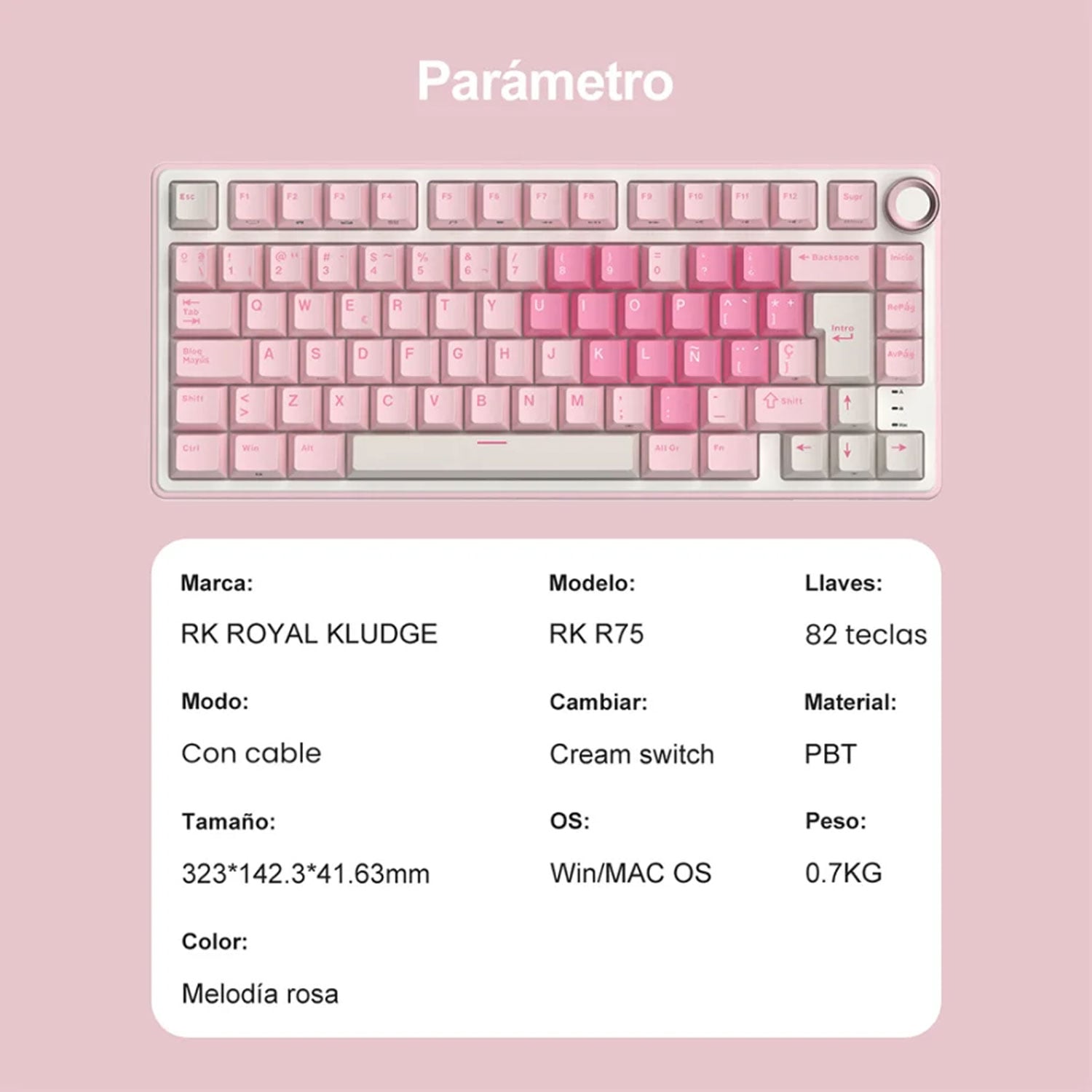 TECLADO GAMER ROYAL KLUDGE RK R75 CABLEADO SP PINK MELODY SWITCH CREAMY - 5