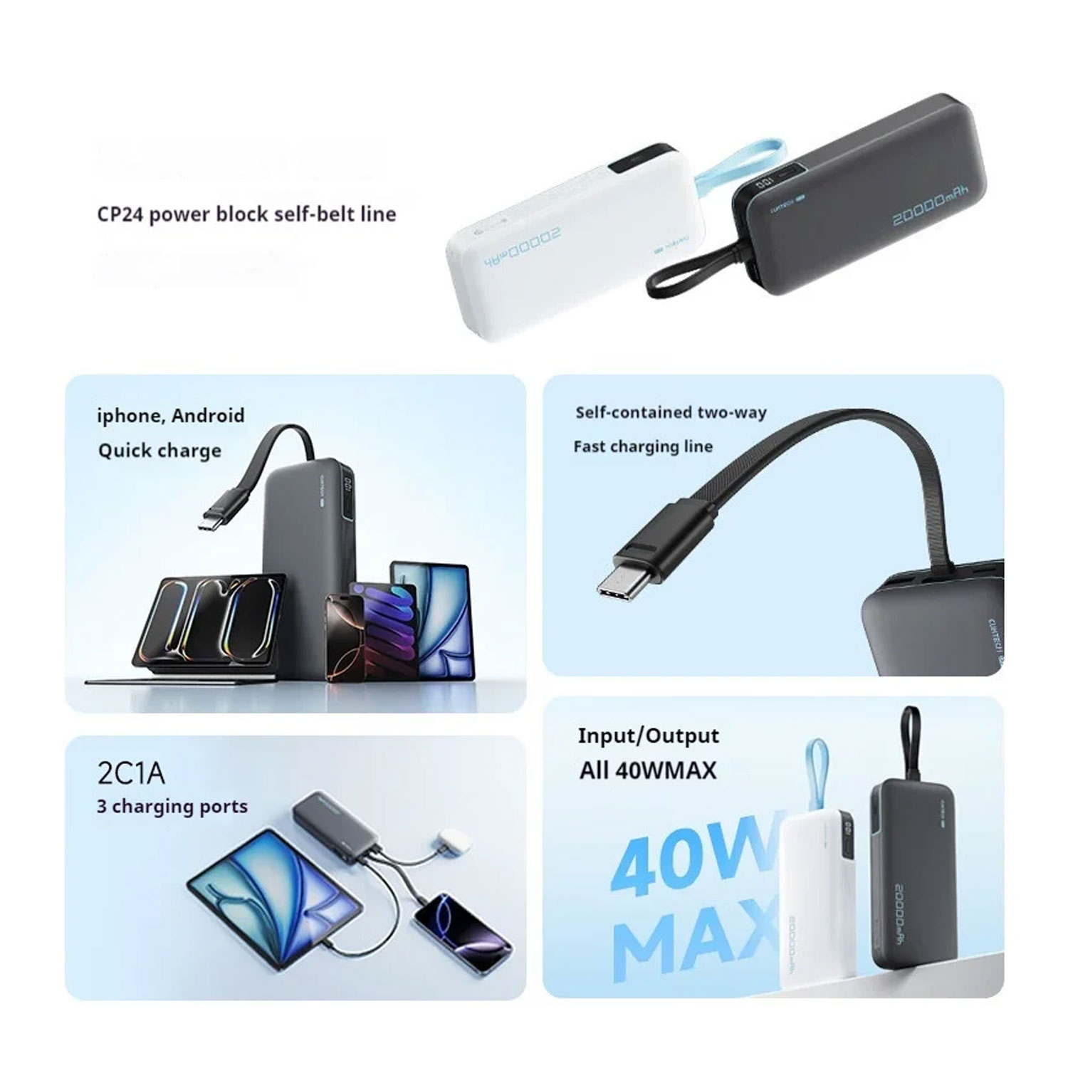 POWER BANK CUKTECH CP24 10000MAH 40W CON CABLE INTEGRADO CARGA RÁPIDA BLANCO - 3