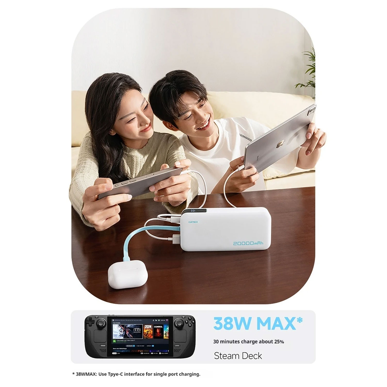 POWER BANK CUKTECH CP24 10000MAH 40W CON CABLE INTEGRADO CARGA RÁPIDA BLANCO - 4