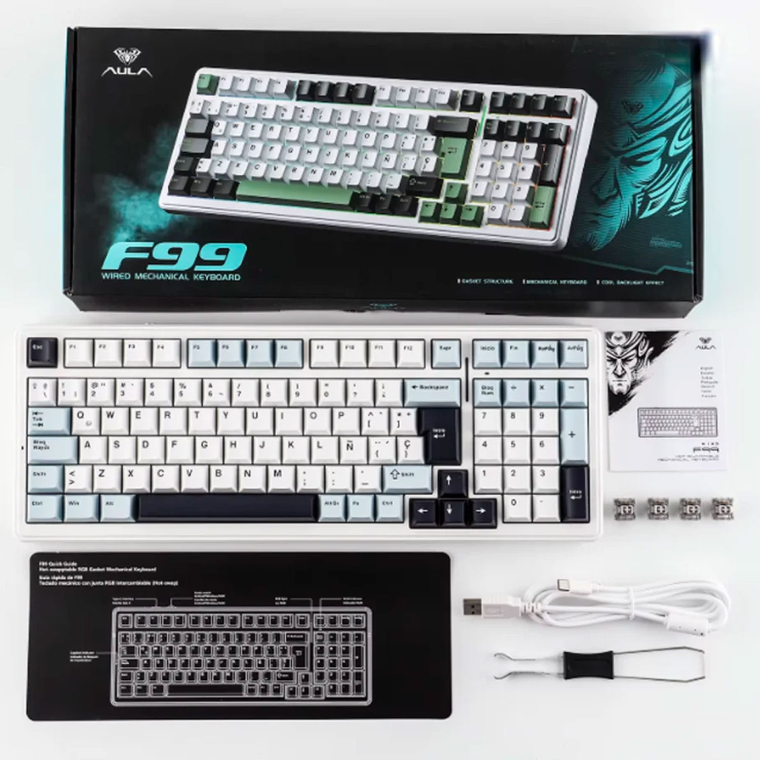 TECLADO GAMER AULA F99 CABLEADO ESPAÑOL BLUE-WHITE-DARK PURPLE-GREY WOOD V3 SWITCH - 4
