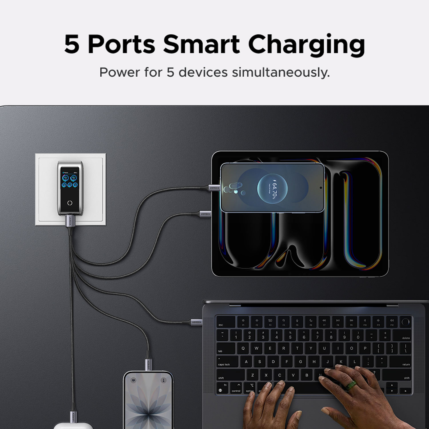 CARGADOR DE PARED UGREEN 100W GAN 5 PUERTOS CON SMART DISPLAY X773-65619B - 5