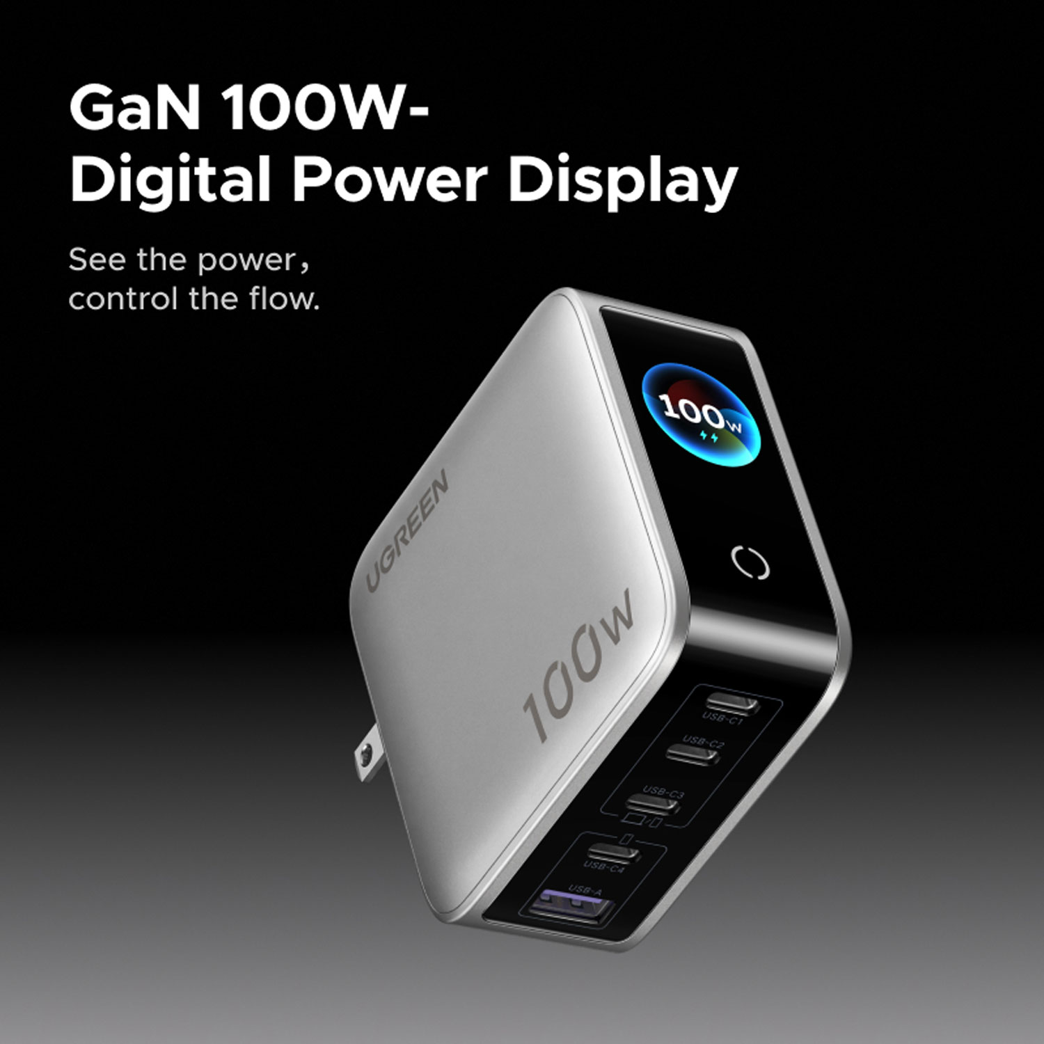 CARGADOR DE PARED UGREEN 100W GAN 5 PUERTOS CON SMART DISPLAY X773-65619B - 6