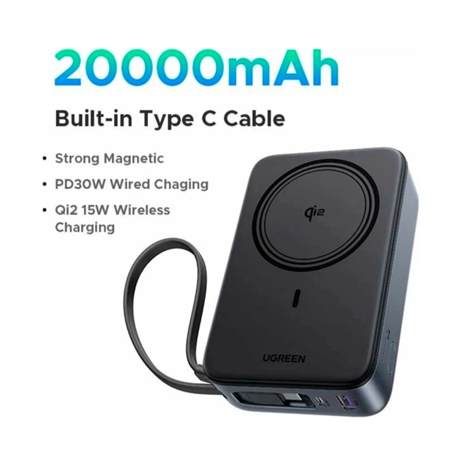 POWER BANK MAGNÉTICO INALÁMBRICO UGREEN 15W 20000 MAH PB567-55450B - 2