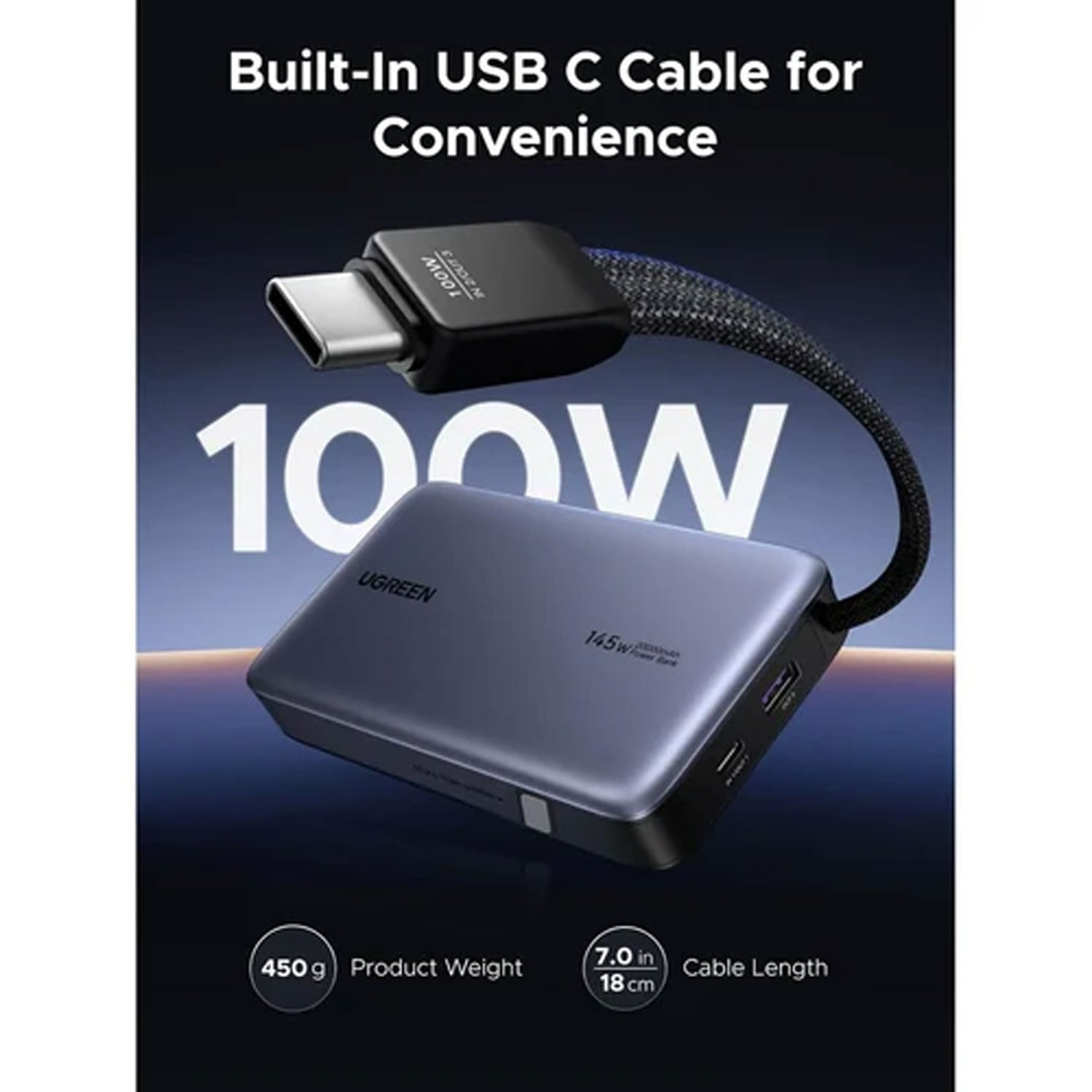 POWER BANK UGREEN 145W 20000MAH CON CABLE INTEGRADO CARGA RÁPIDA PB551-55992B - 5