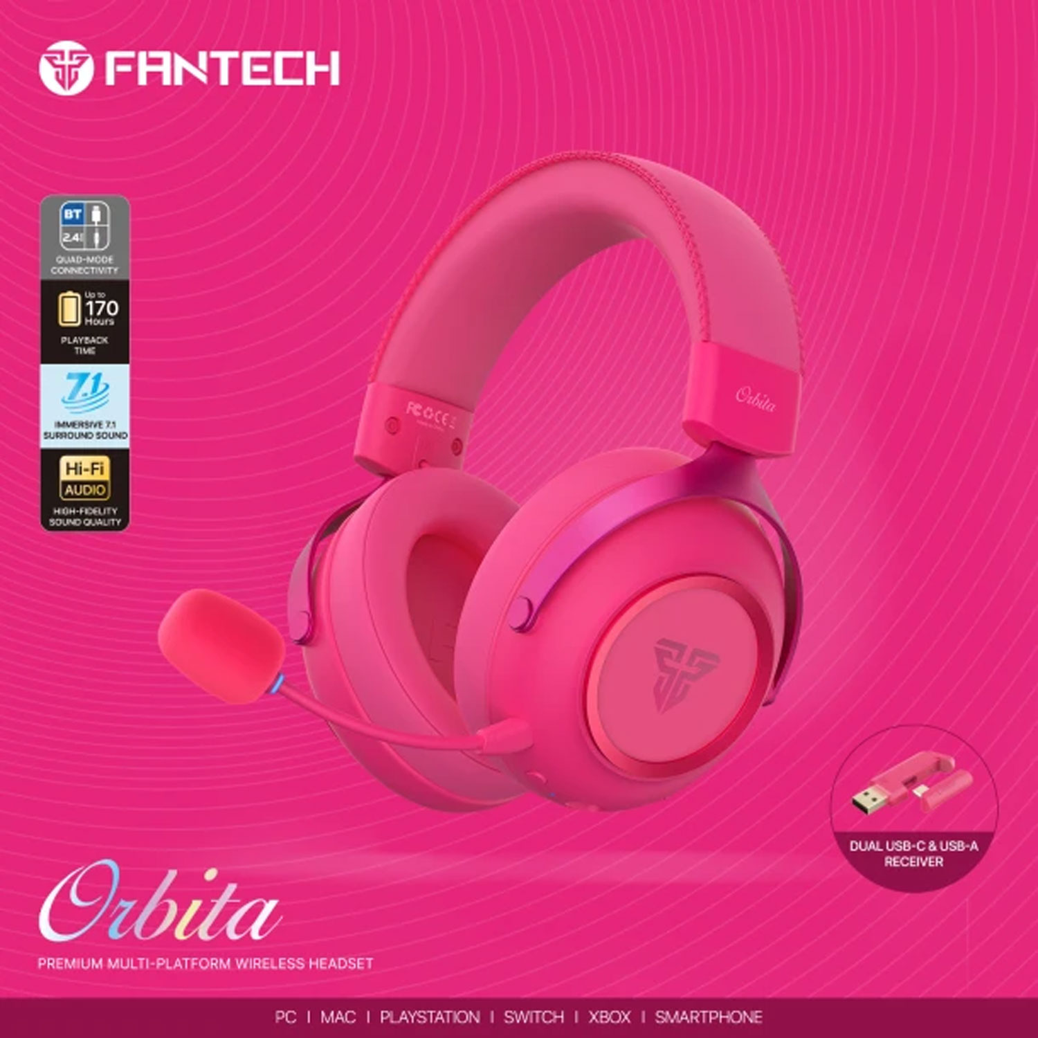 AUDÍFONOS GAMER FANTECH ORBITA WIRELESS ROSA WHG07 - 5