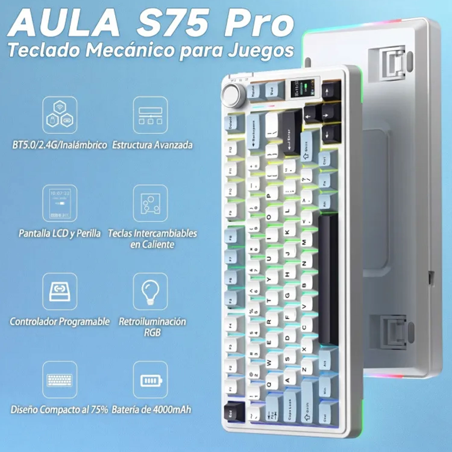 TECLADO GAMER AULA S75 PRO INALÁMBRICO INGLÉS SEIYA SWITCH NEGRO/BLANCO/MORADO - 2