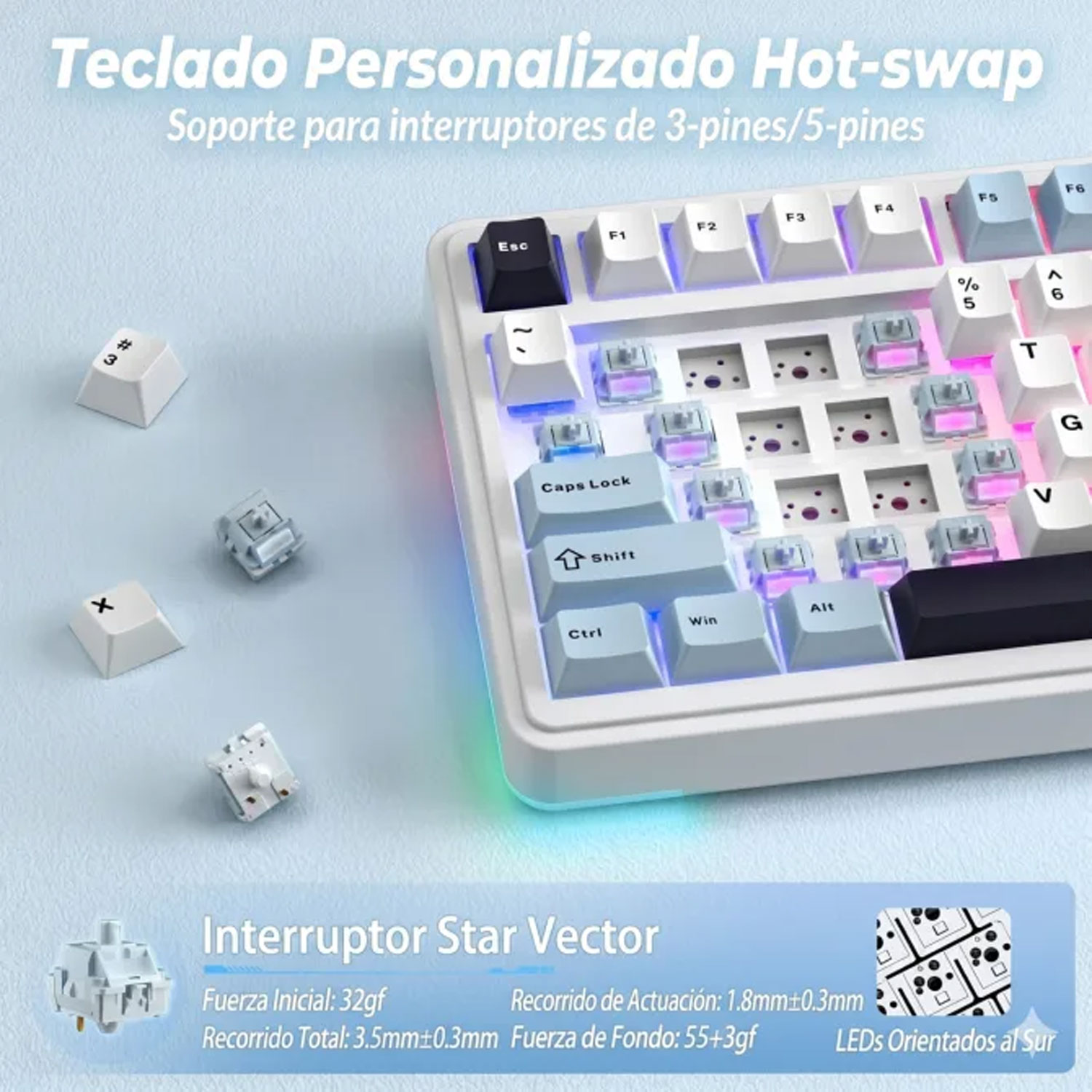 TECLADO GAMER AULA S75 PRO INALÁMBRICO INGLÉS SEIYA SWITCH NEGRO/BLANCO/MORADO - 4