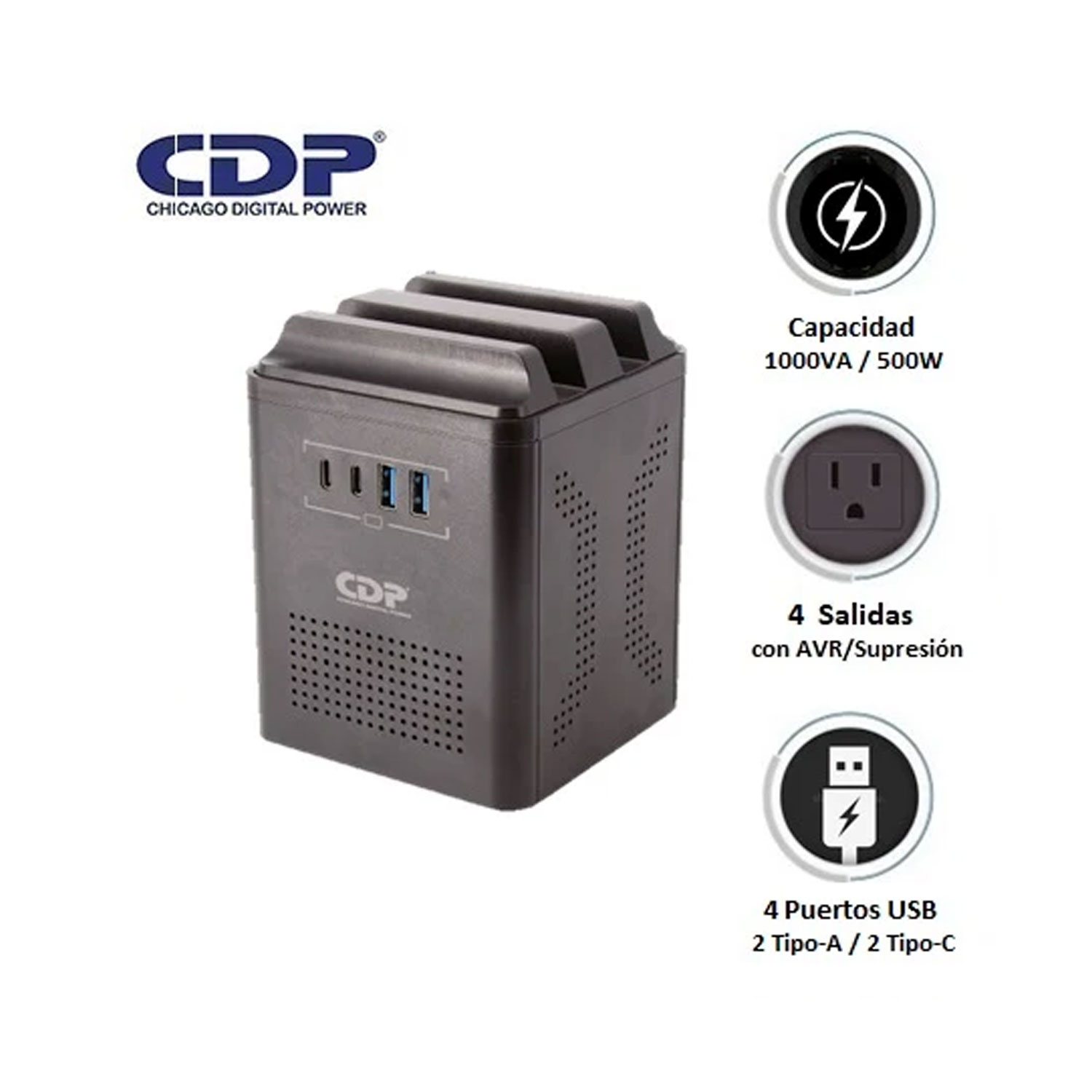 ESTABILIZADOR CDP RUAVR10041 1000VA 500W 4 TOMAS USB-A USB-C - 2