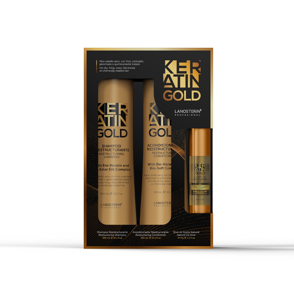 PACK KERATIN GOLD – SHAMPOO + ACONDICIONADOR + ELIXIR - 1