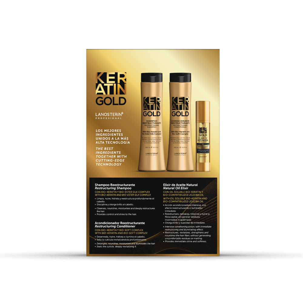 PACK KERATIN GOLD – SHAMPOO + ACONDICIONADOR + ELIXIR - 2