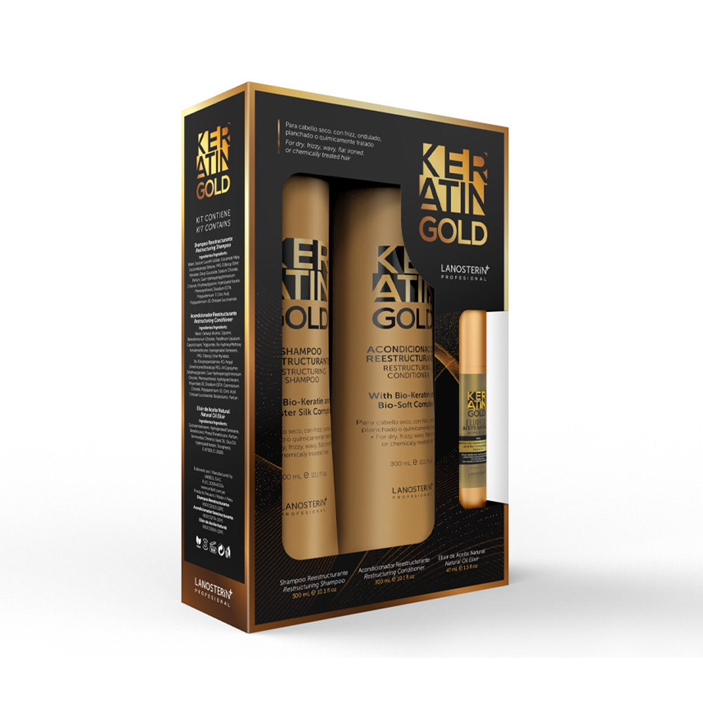PACK KERATIN GOLD – SHAMPOO + ACONDICIONADOR + ELIXIR - 3