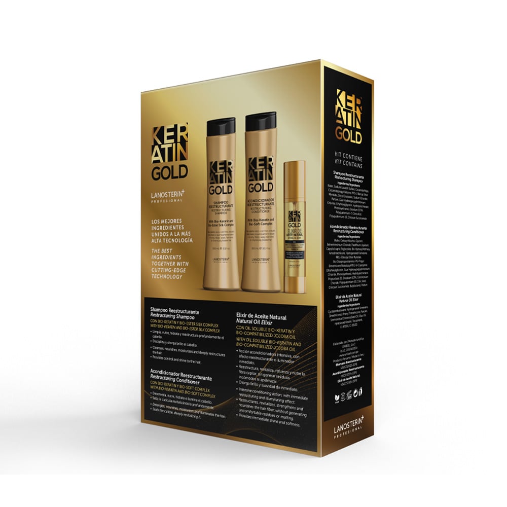 PACK KERATIN GOLD – SHAMPOO + ACONDICIONADOR + ELIXIR - 4