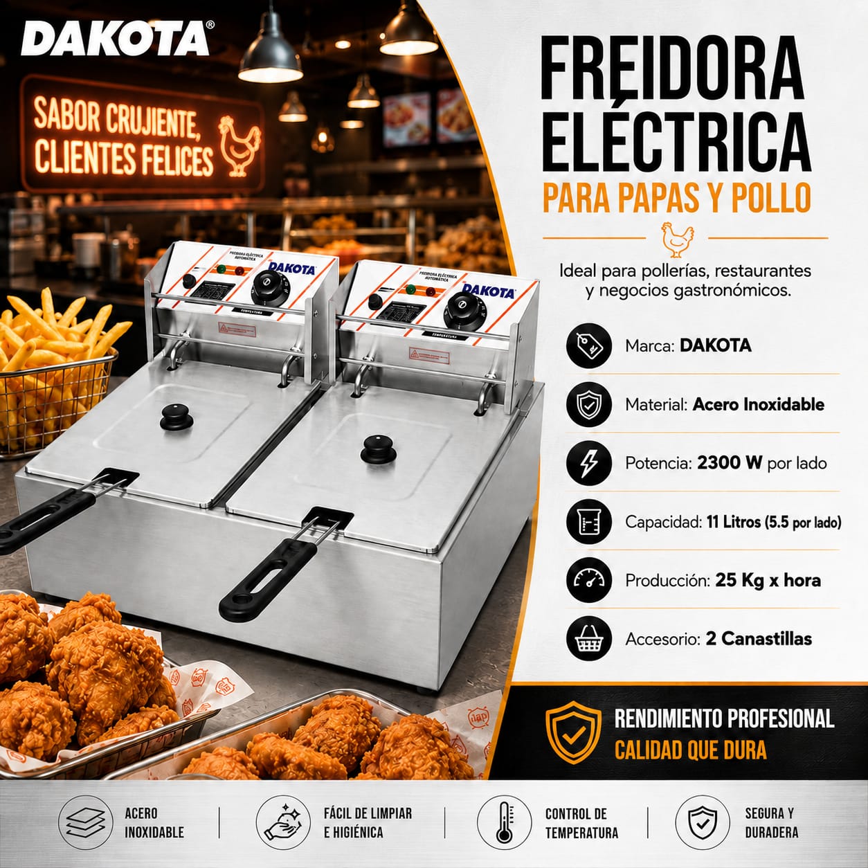 FREIDORA ELÉCTRICA CON ACEITE 11 LITROS AUTOMÁTICA DOBLE POZA DAKOTA EF-552-1 - 1