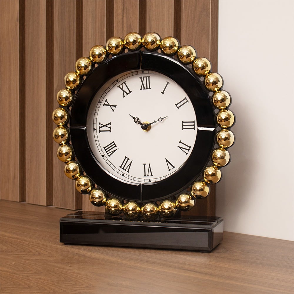 RELOJ DE MESA MDF NEGRO CON ESFERAS DORADAS 28CM - 2