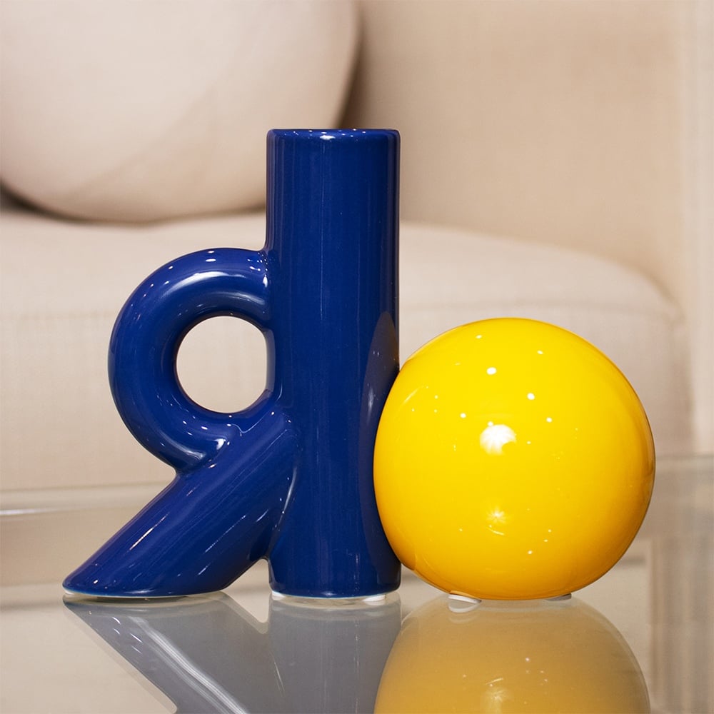 FLORERO PANADECOR MODERNO AZUL CON ESFERA AMARILLA 17CM PORCELANA - 4