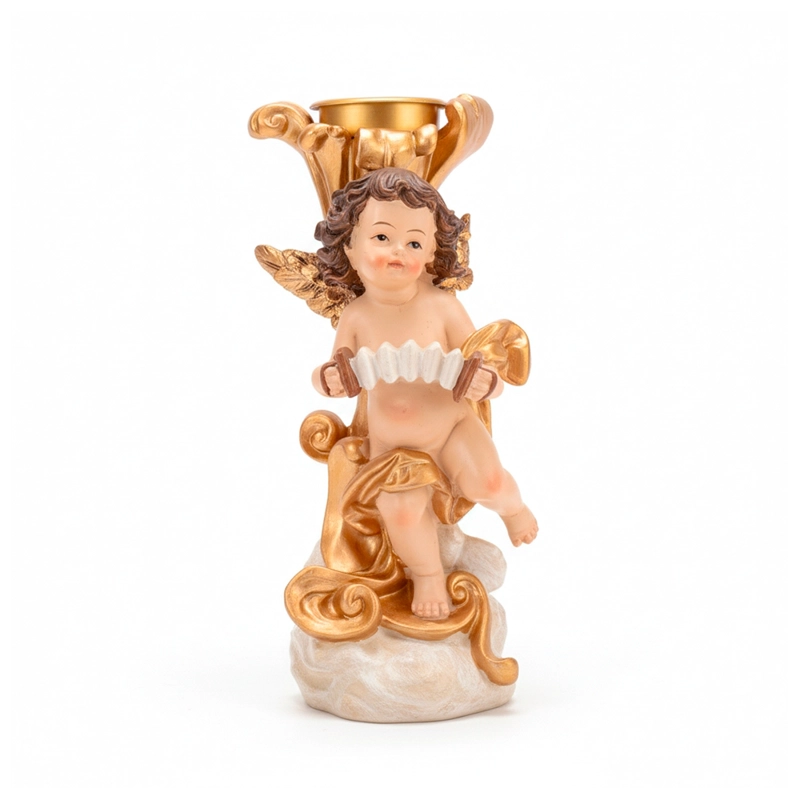ÁNGEL CANDELERO CON LIRA DORADO 19CM POLIRESINA - 1