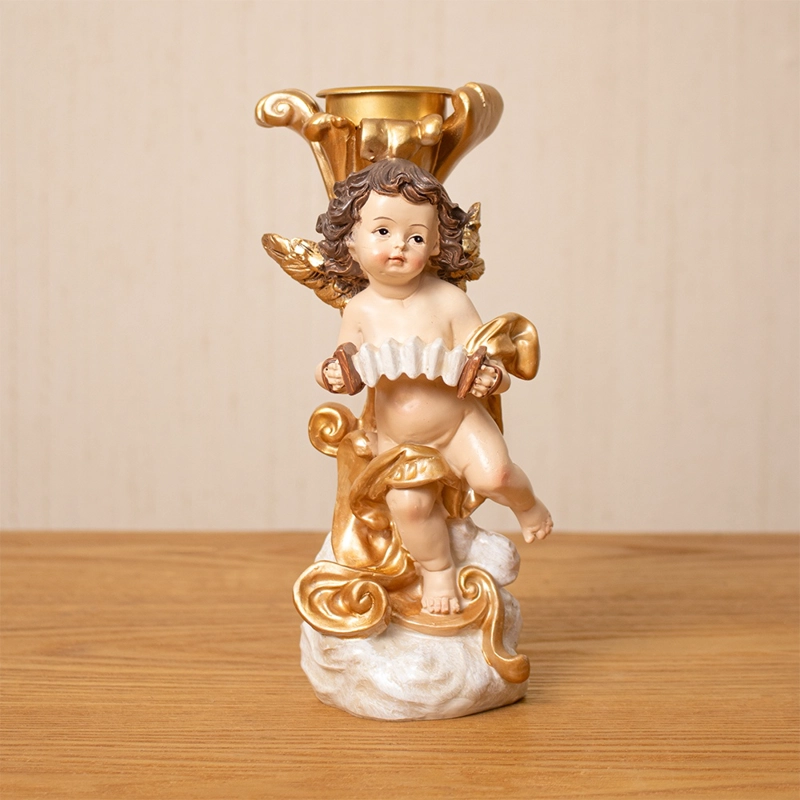 ÁNGEL CANDELERO CON LIRA DORADO 19CM POLIRESINA - 2