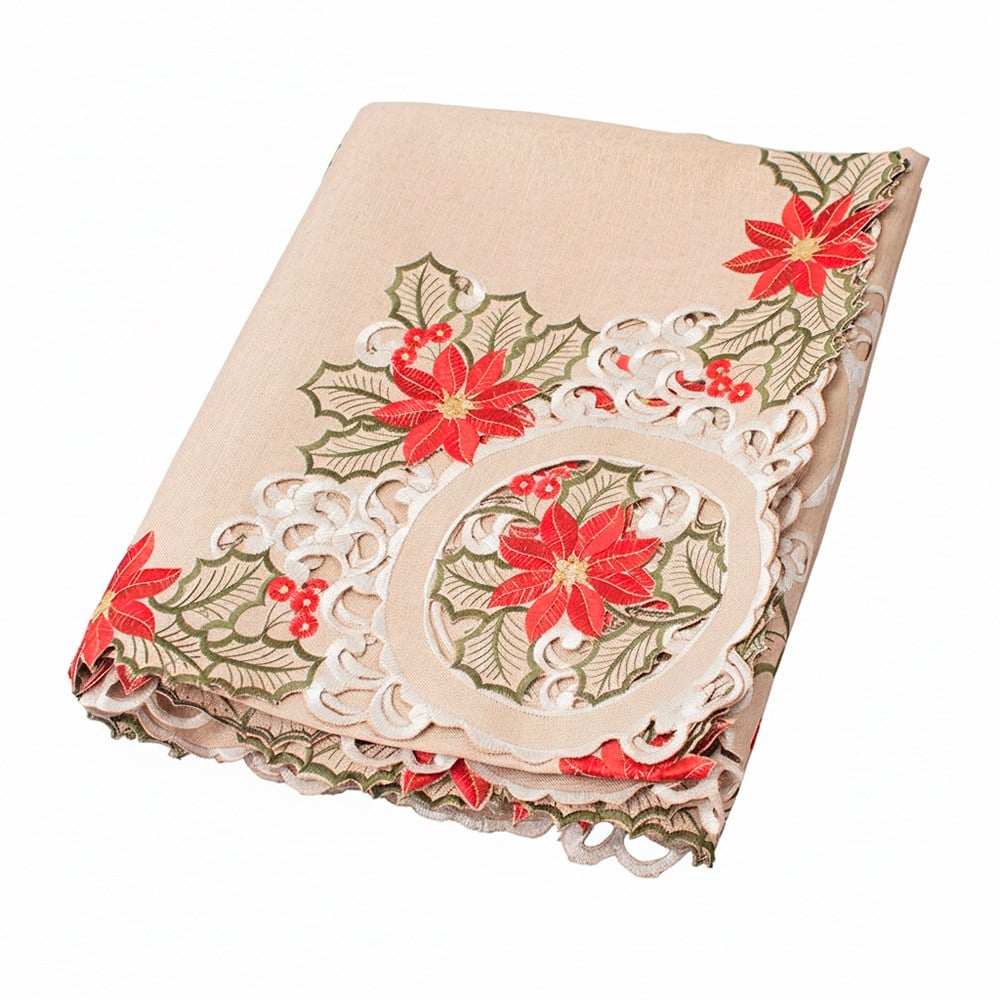 MANTEL PARA 8 SILLAS REDONDO BEIGE DE POINSETTIAS - 1