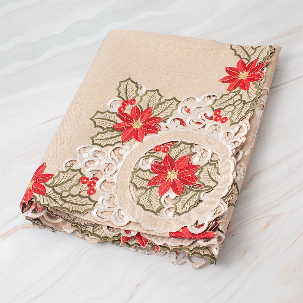 MANTEL PARA 8 SILLAS REDONDO BEIGE DE POINSETTIAS - 2