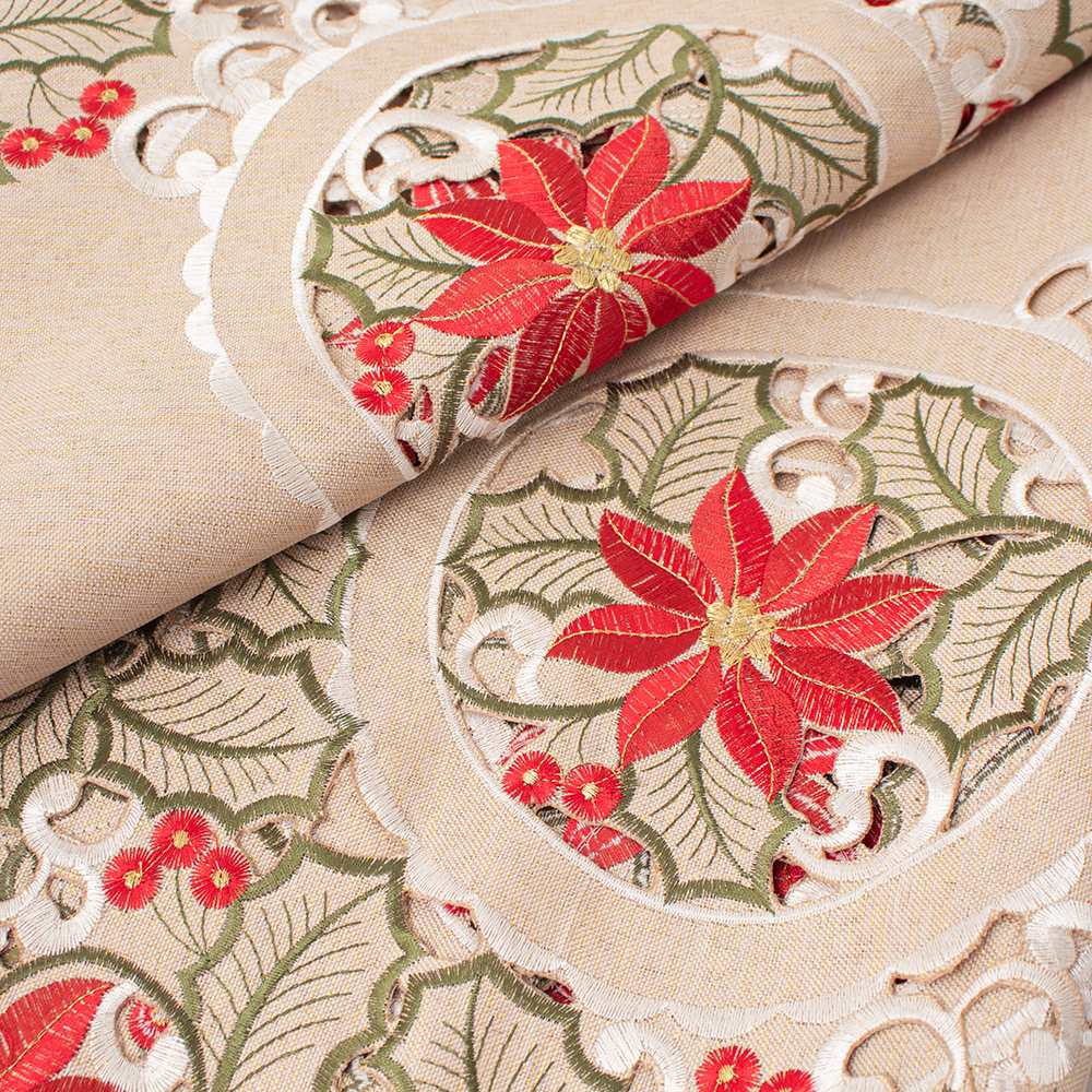MANTEL PARA 8 SILLAS REDONDO BEIGE DE POINSETTIAS - 3
