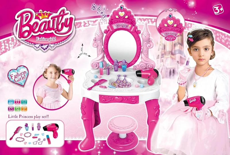 SET DE BELLEZA TOCADOR PARA NIÑAS CON BANCO ESPEJO A LUCES MUSICAL CON ACCESORIOS - 3