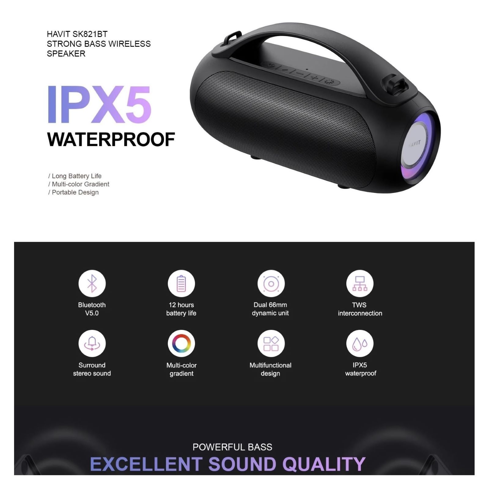PARLANTE BLUETOOTH HAVIT SK821BT MULTIFUNCIÓN IPX5 RGB NEGRO - 5