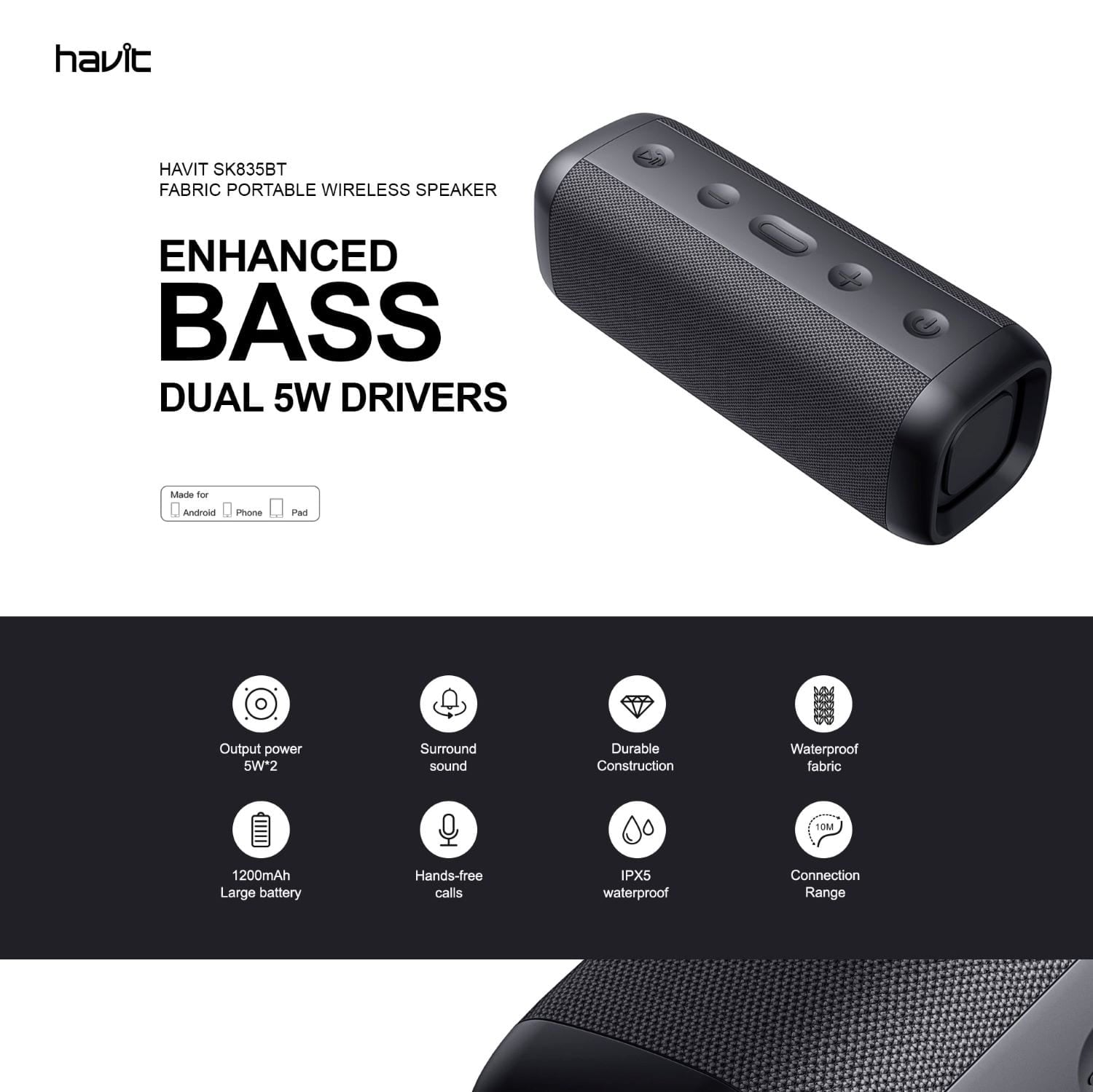 PARLANTE BLUETOOTH MULTIFUNCIÓN HAVIT SK835BT IPX5 PORTÁTIL NE - 4