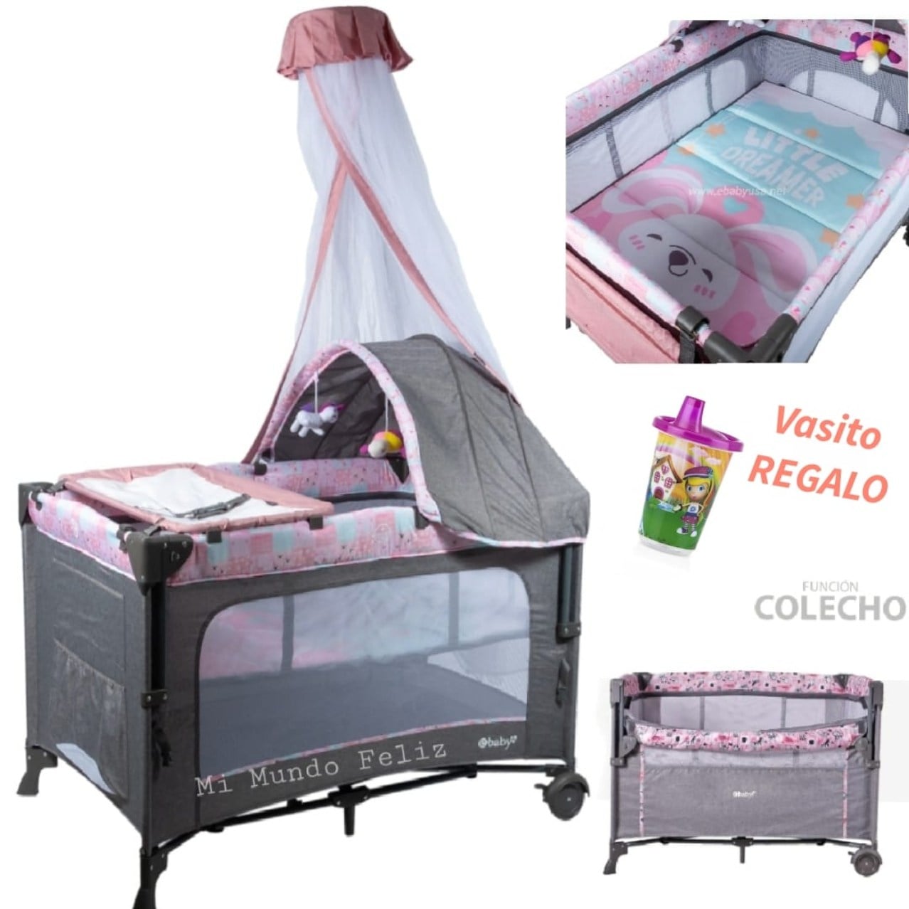 EBABY CUNA CORRAL MECEDORA PARA BEBE COLECHO ROSA - 1