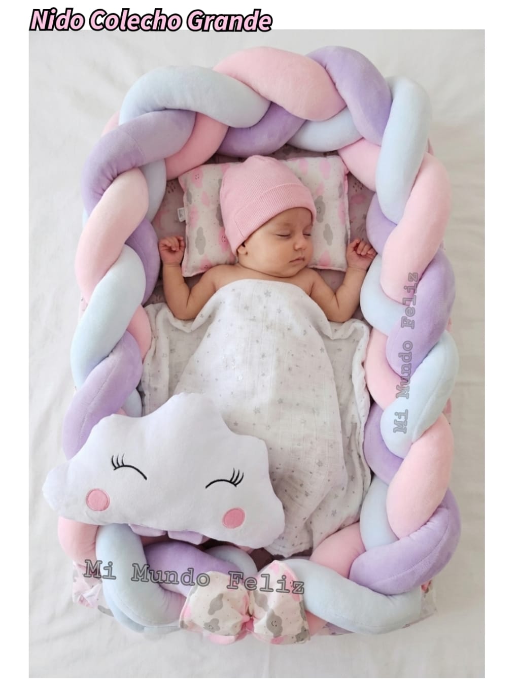 Cuna Colecho Bebe Con Almohada Trenzado Grande Nube Rosa - 1