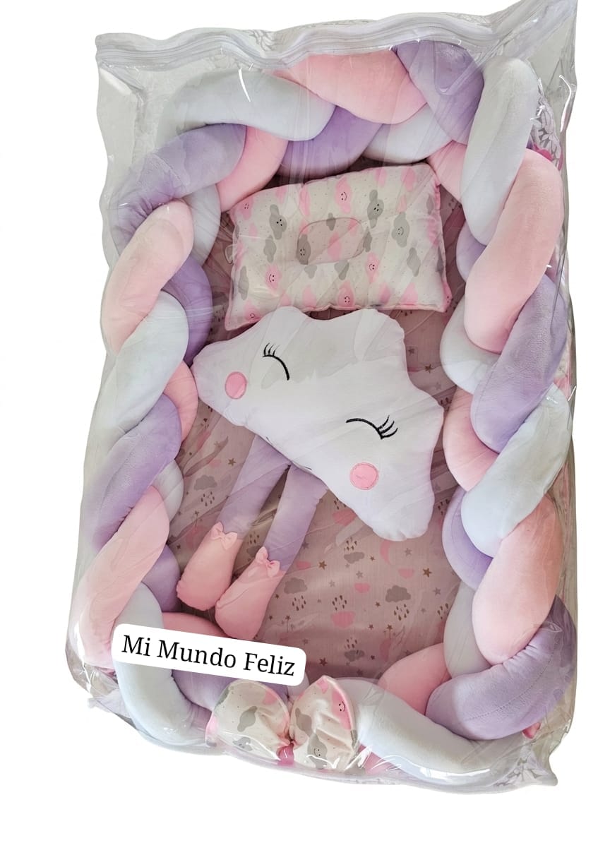 Cuna Colecho Bebe Con Almohada Trenzado Grande Nube Rosa - 2