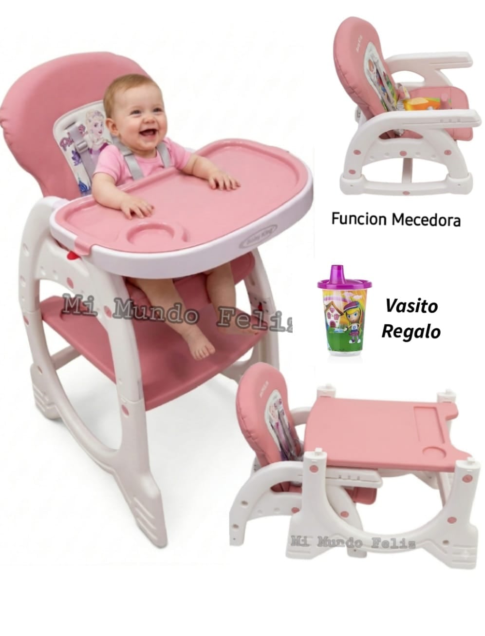 SILLA DE COMER PARA BEBE 3 EN 1 CARPETA MECEDORA ROSADA - 1