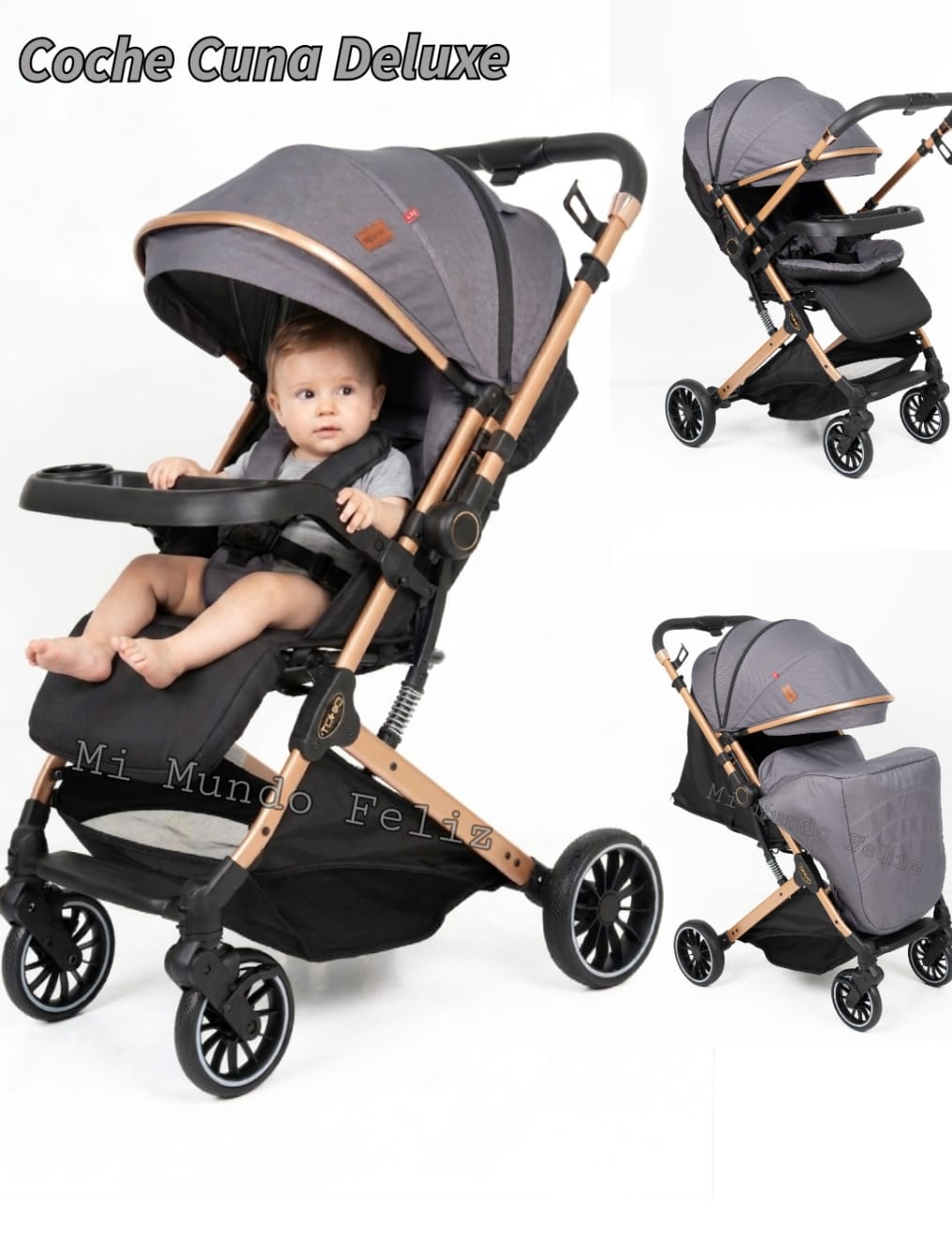 COCHE PARA BEBE GOLDEN MANGO REVERSIBLE GRIS - 1