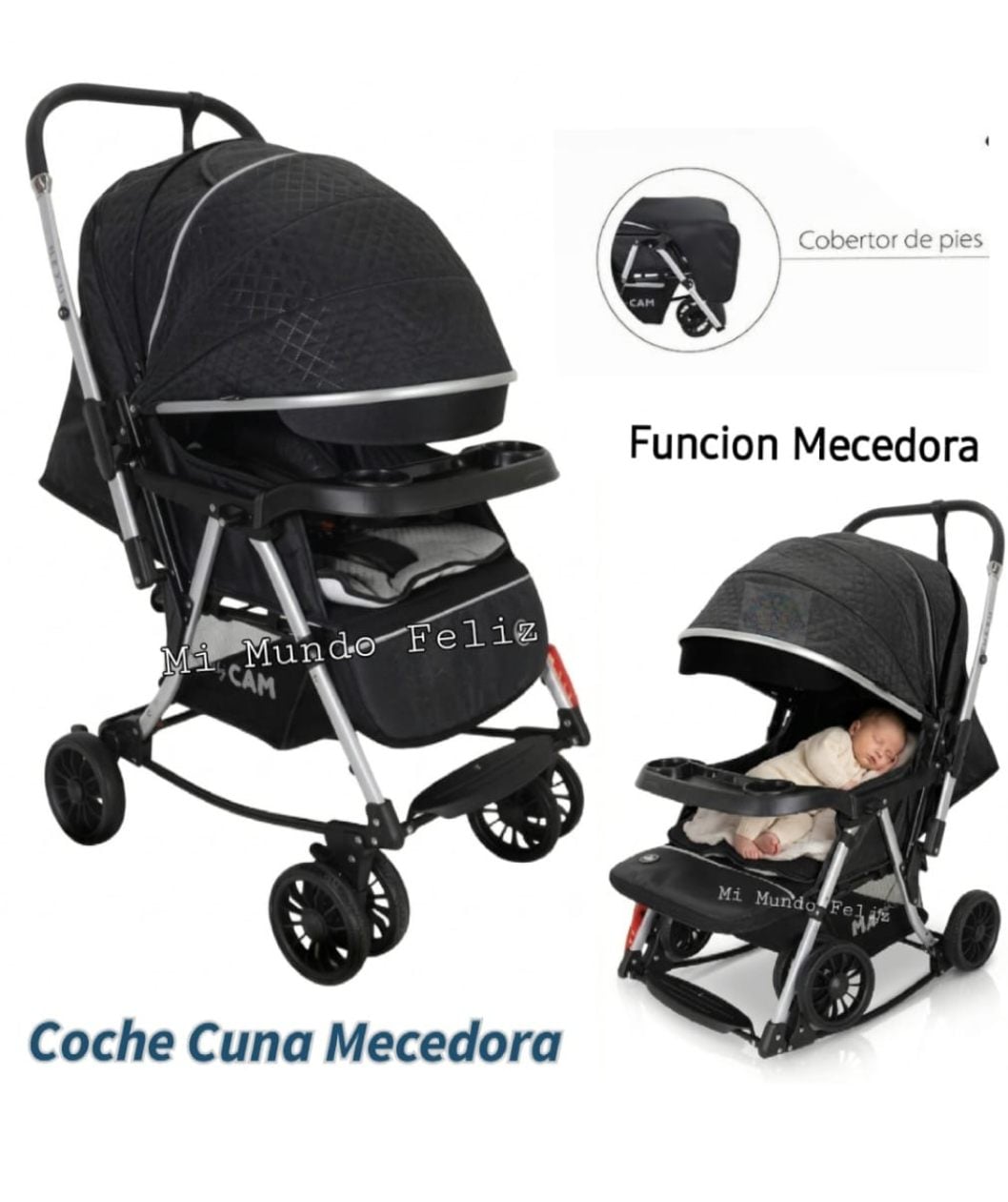 COCHE CUNA PARA BEBE MECEDOR CON CUBREPIES BLACK - 1
