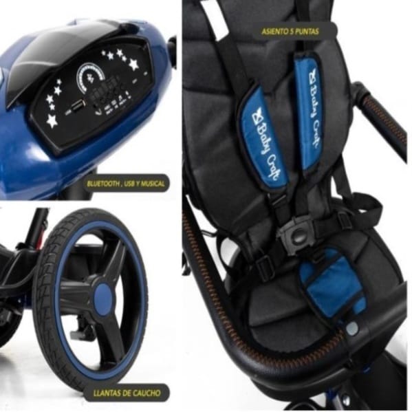 TRICICLO BABY CRAFT ASIENTO GIRATORIO CON SONIDOS USB Y LLANTAS GOMA AZUL PARA NIÑOS - 3