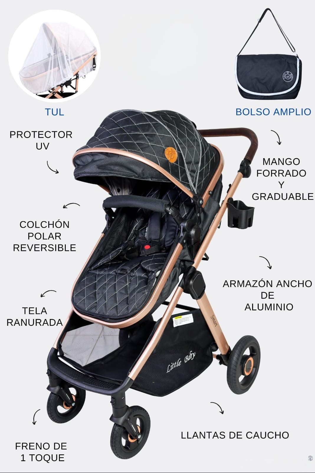 COCHE MOISÉS ALUMINIO CON PAÑALERO GRANDE NEGRO PARA BEBE - 2
